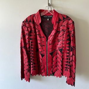 Image Leather Red Floral Patterned Jacket